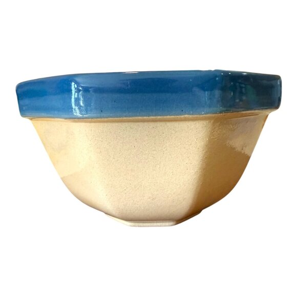 Stoneware Pottery Bowl Serving Dish Cream/Blue inside Blue Flowers Cottage Core - Picture 4 of 10